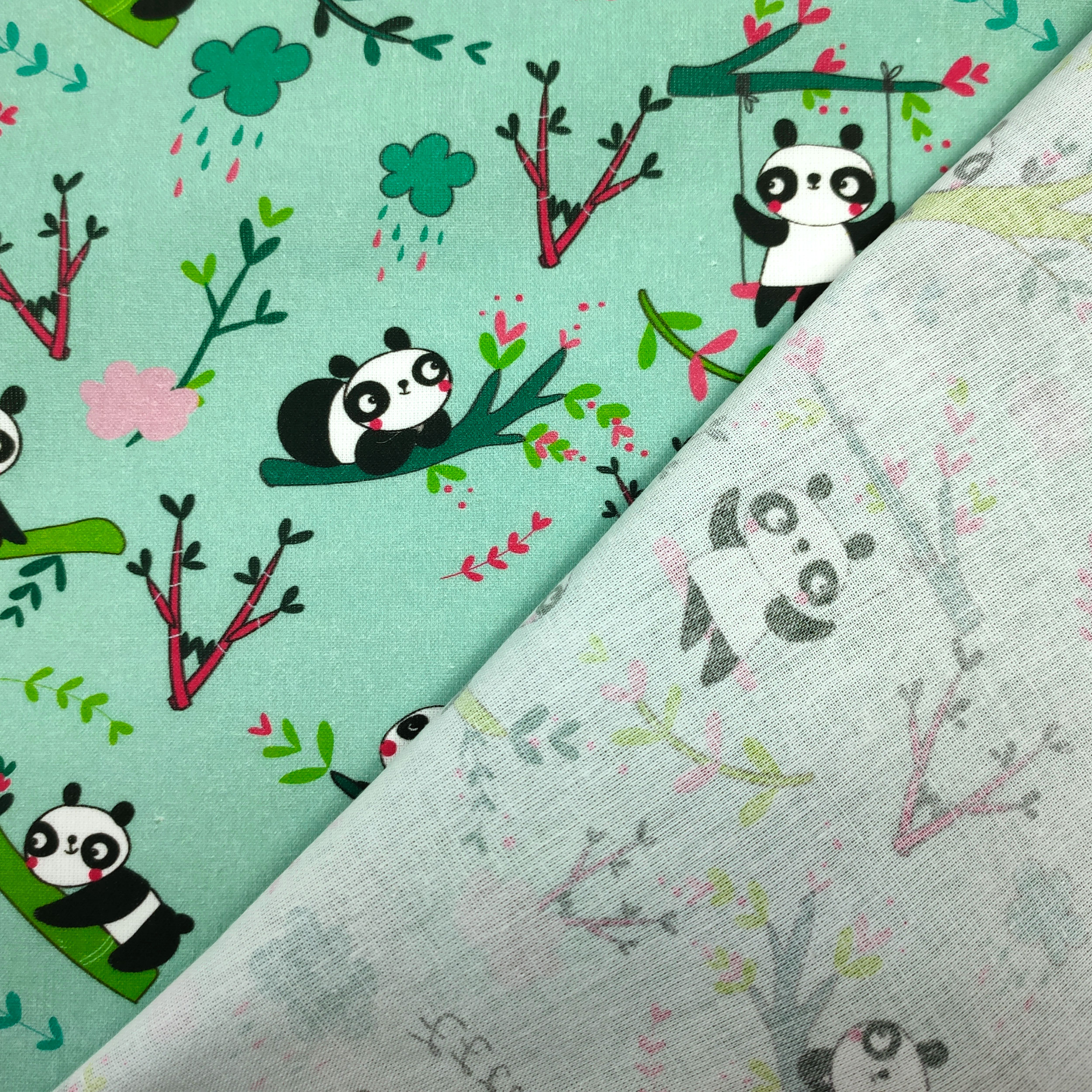 Cotone Panda Piccoli Sfondo Verde Menta