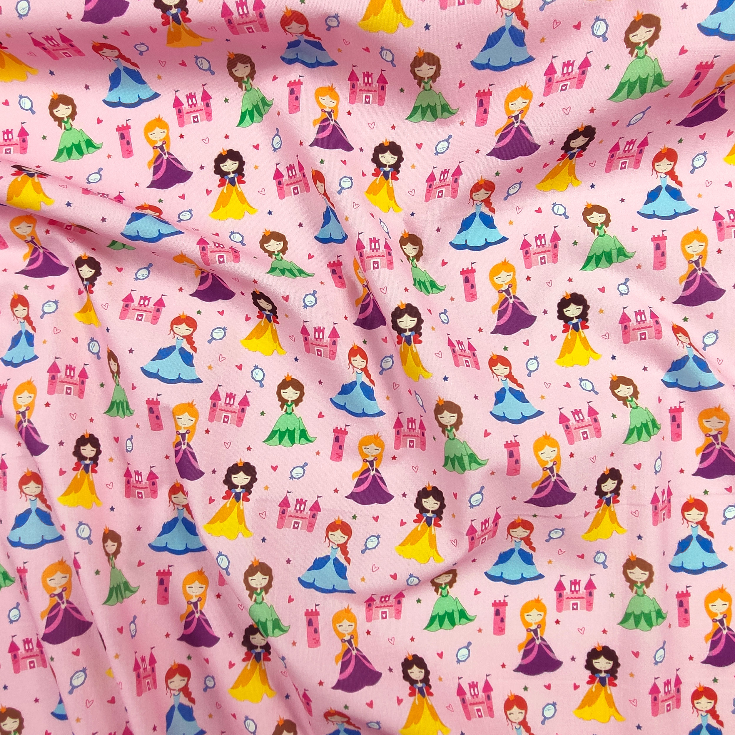 Tessuto Cotone Principesse Piccole Sfondo Rosa