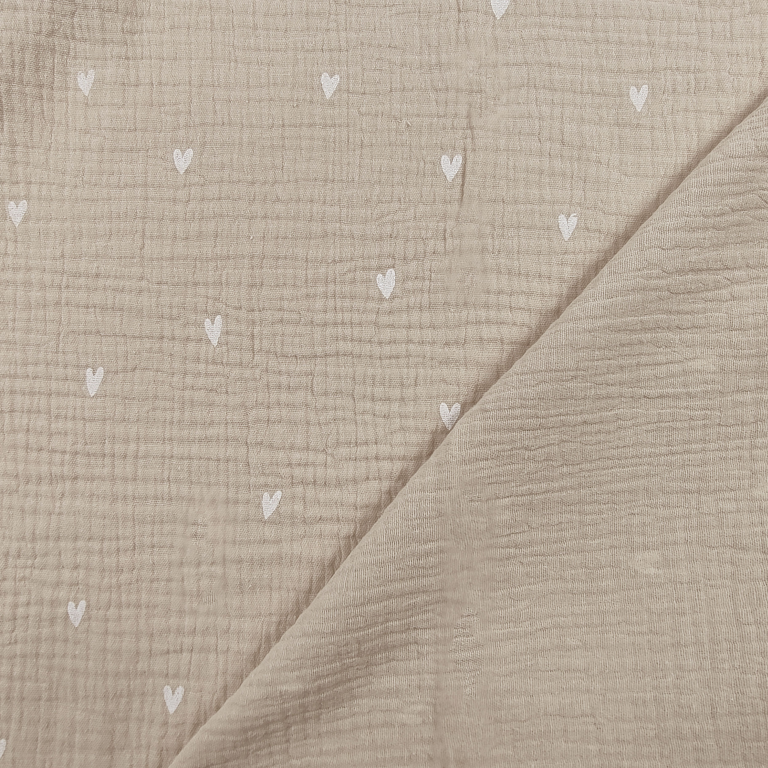 Mussola Cotone Beige Cuoricini Bianchi Image