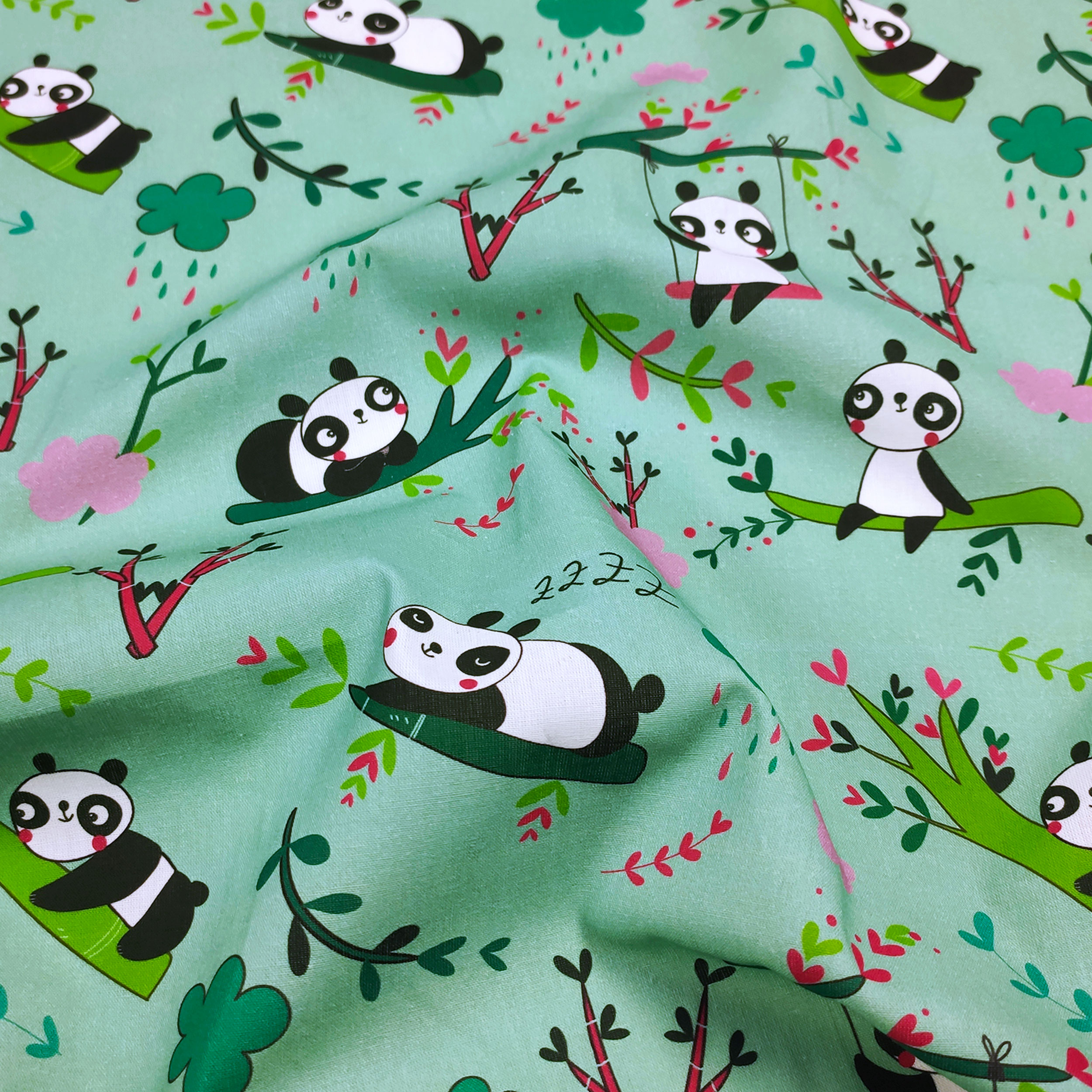 Cotone Panda Grandi Sfondo Verde Menta