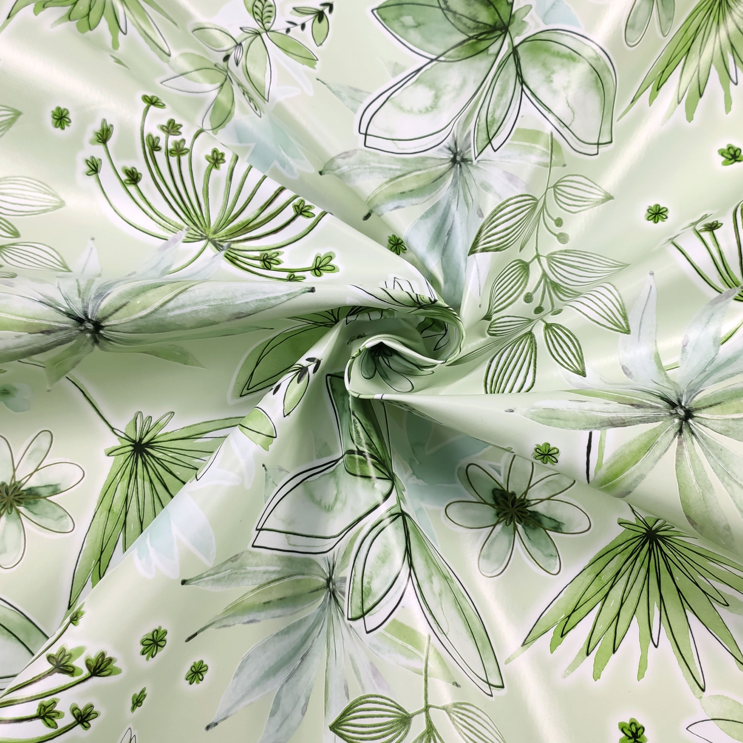 Tessuto per Tovaglia Plastificata Fiori Toni del Verde Image