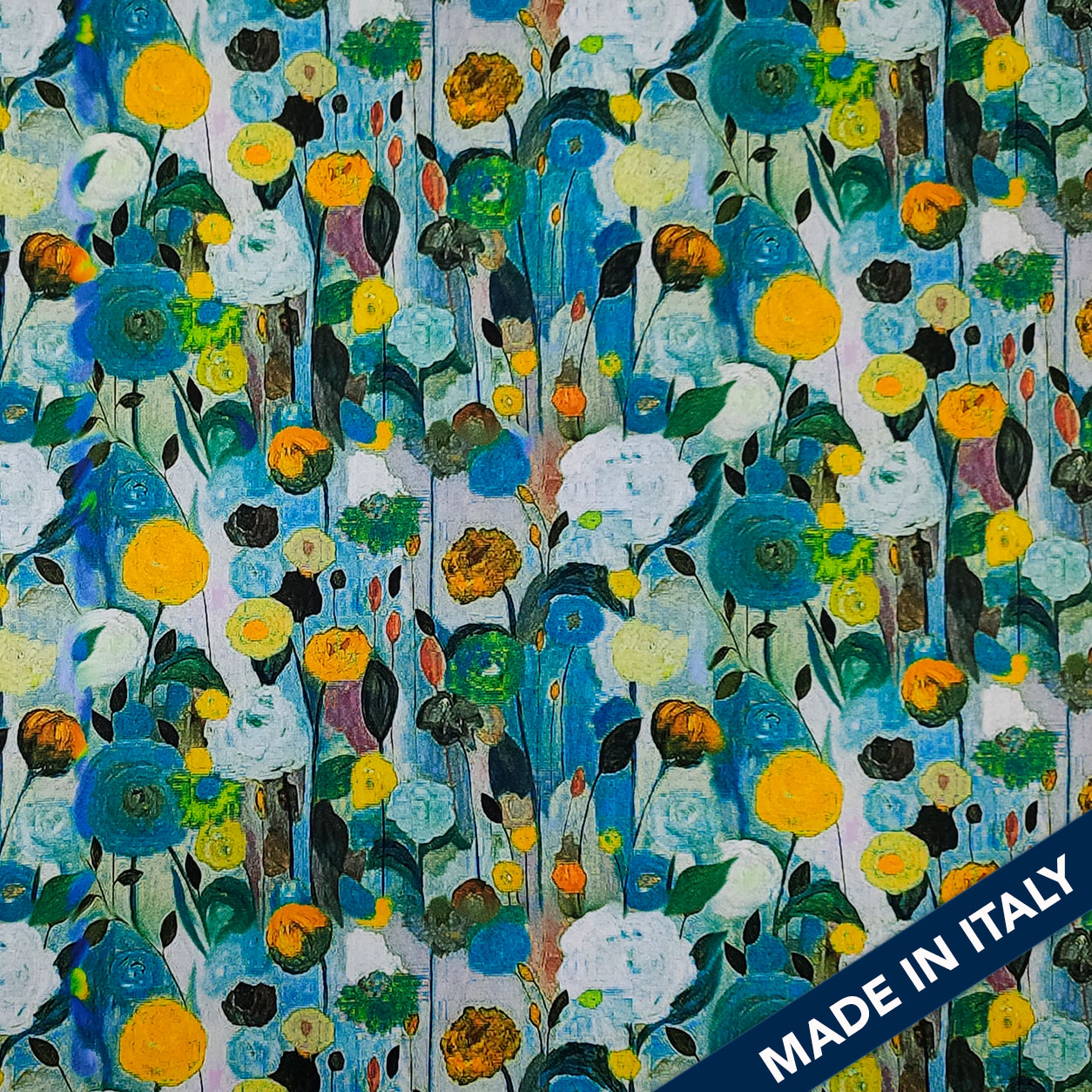 Tessuto Raso Fiori Impressionisti Blu
