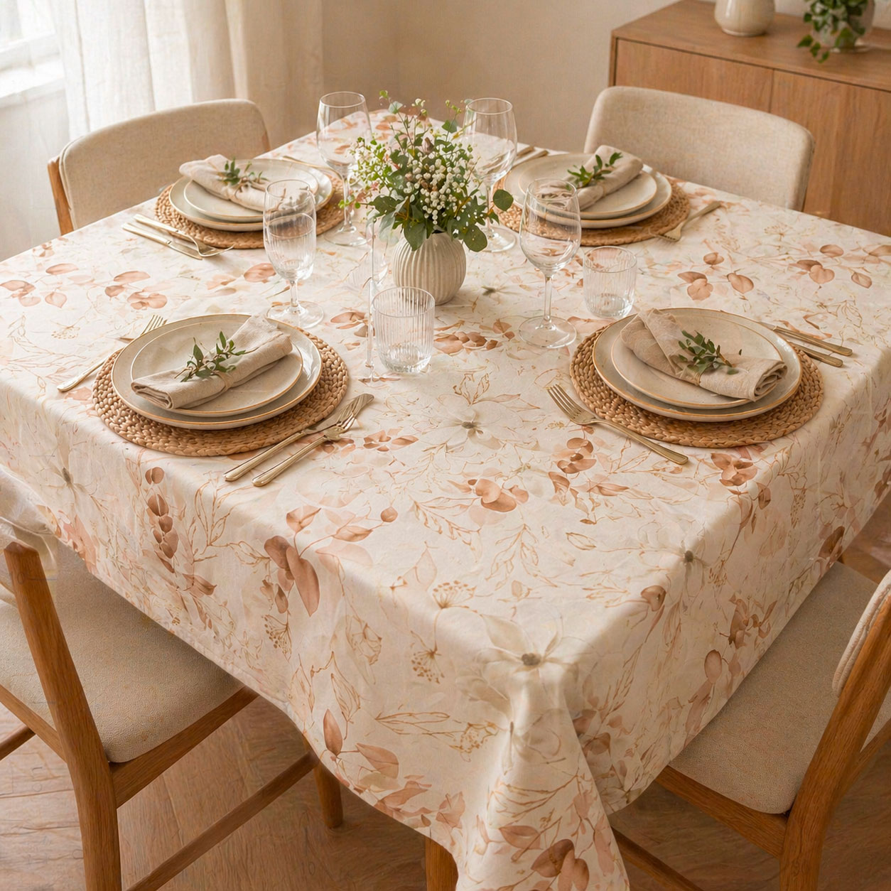 Tessuto per Tovaglia Plastificata Morbida Rami e Fiori Beige Image