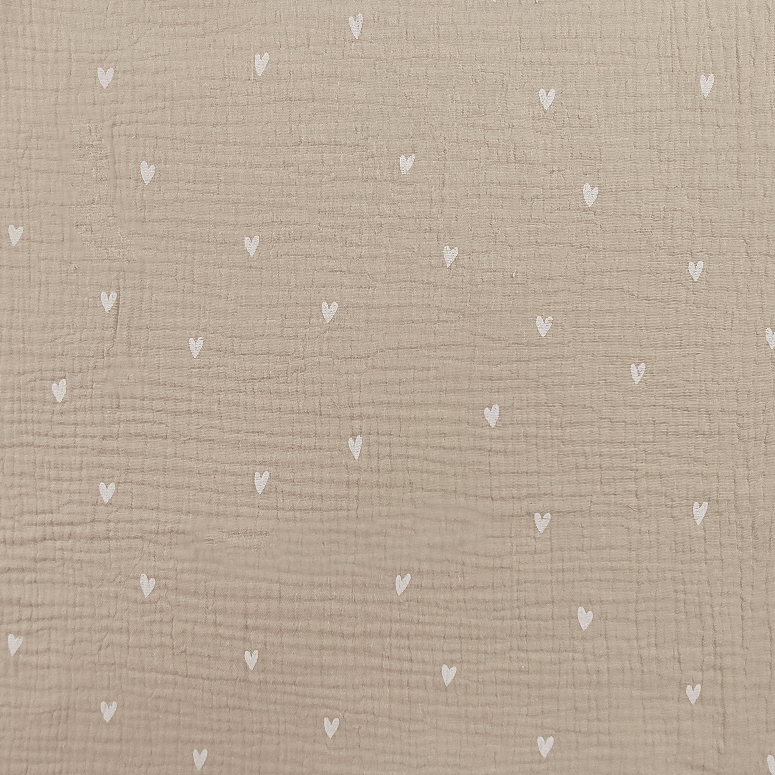 Mussola Cotone Beige Cuoricini Bianchi Image