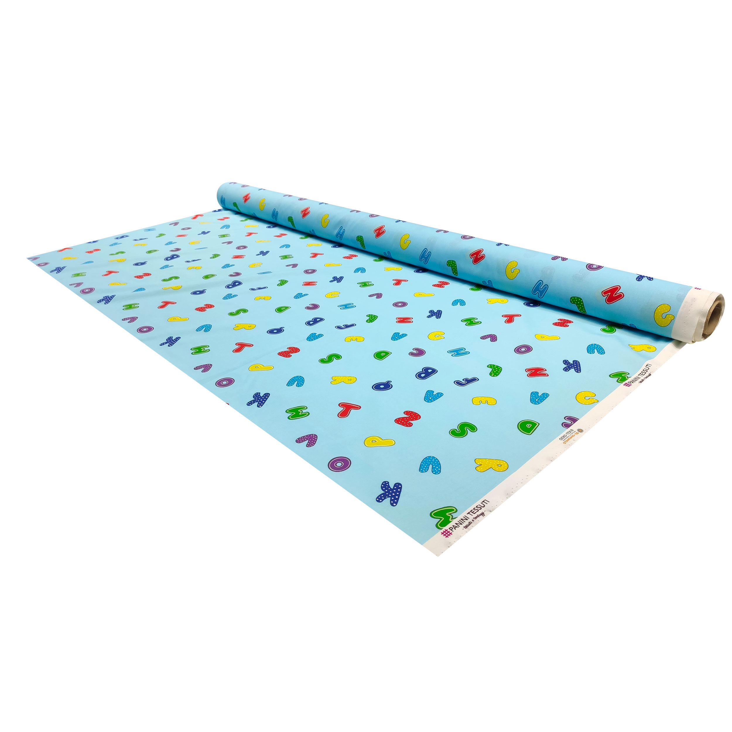 Tessuto Cotone Alfabeto Grande Sfondo Azzurro