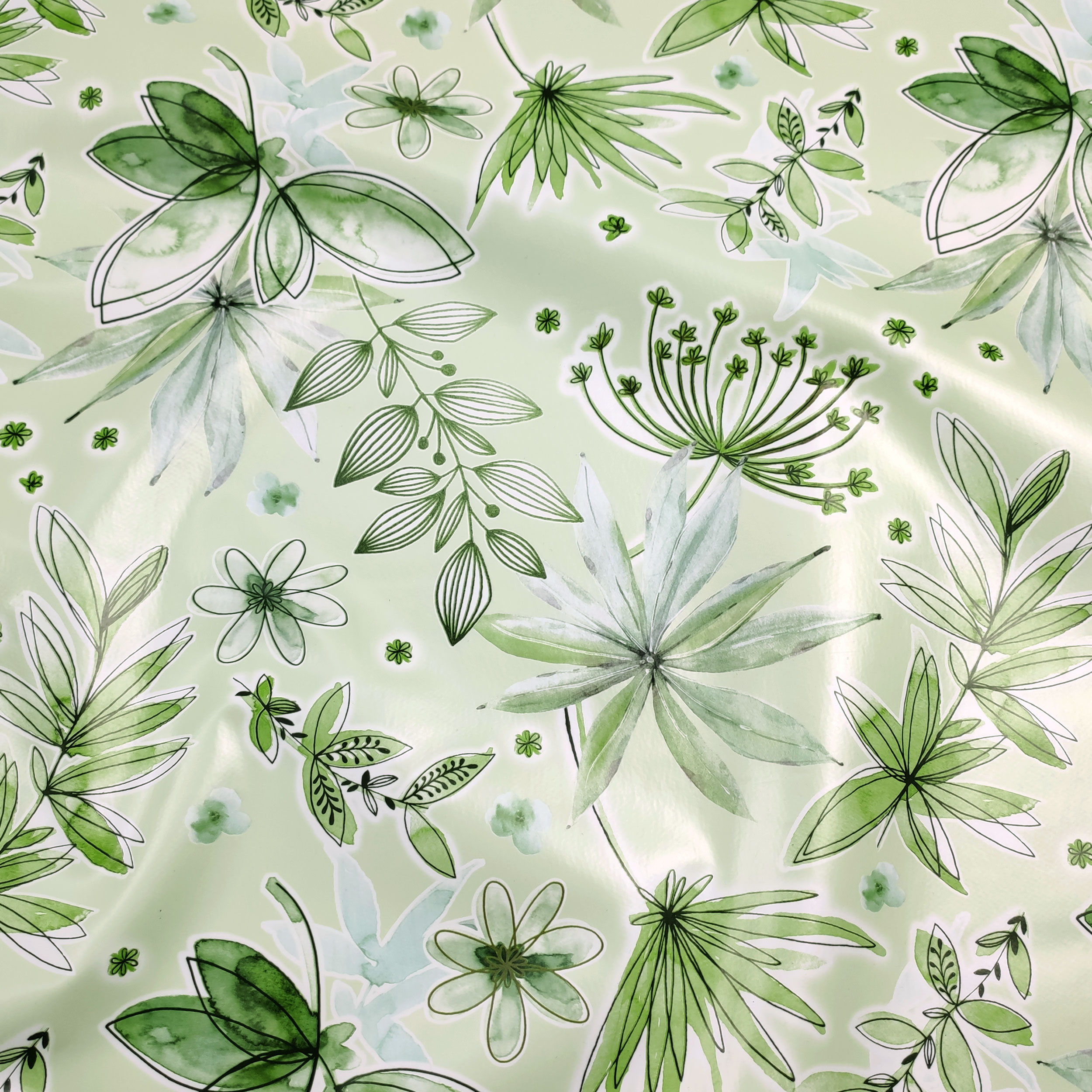 Tessuto per Tovaglia Plastificata Fiori Toni del Verde Image