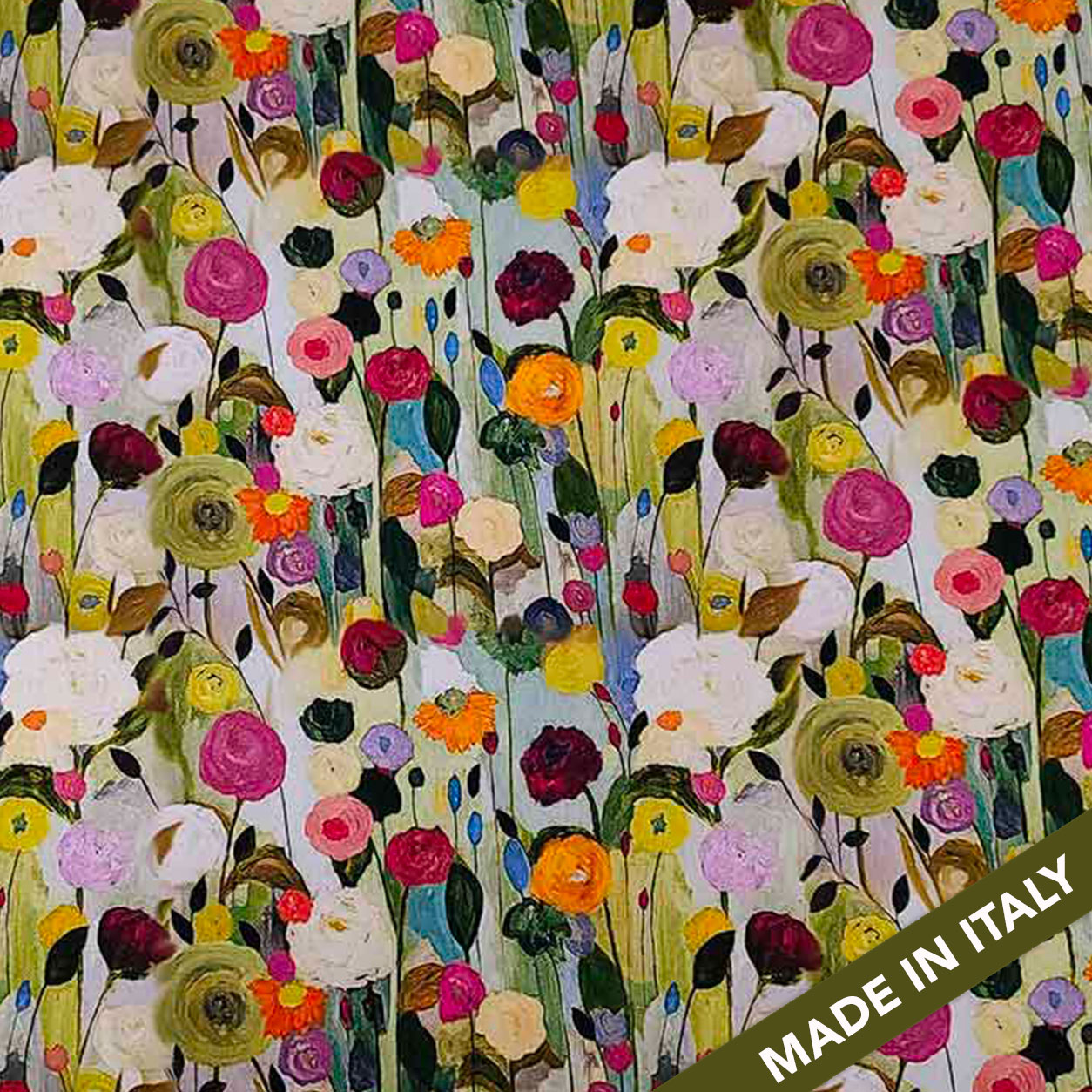 Tessuto Raso Fiori Impressionisti Verde