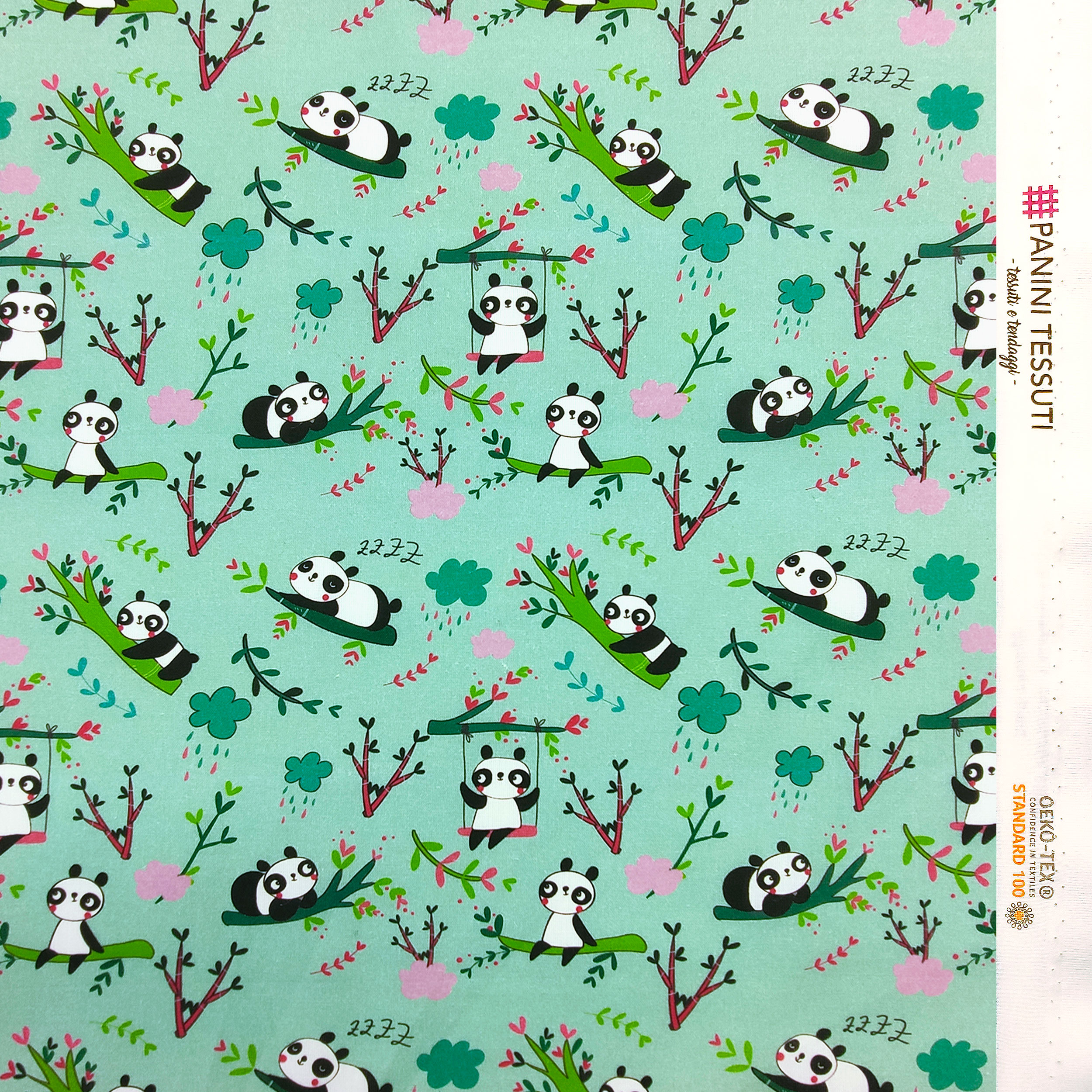 Cotone Panda Piccoli Sfondo Verde Menta