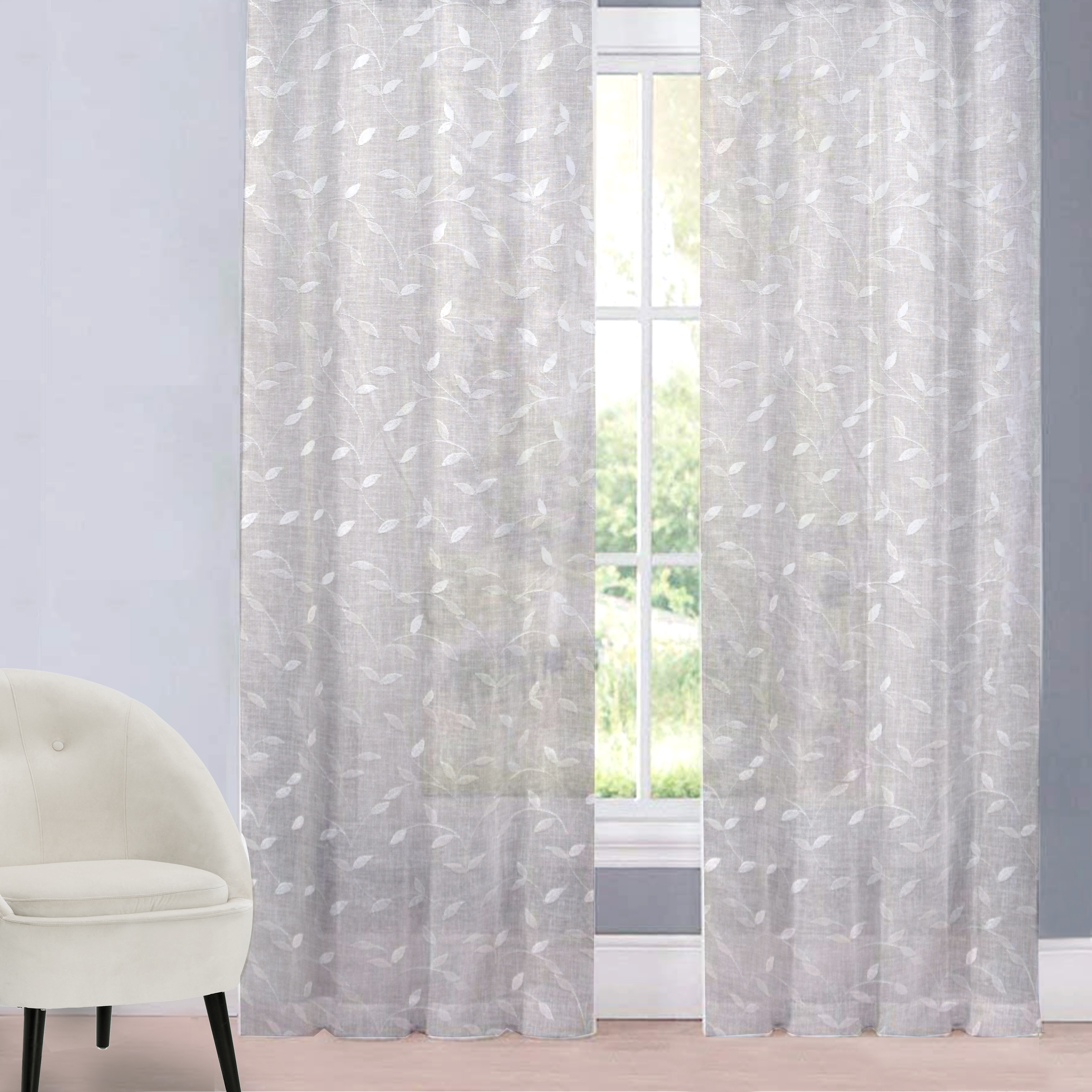 Tessuto Tenda Foglie Eleganti - Bianco Image