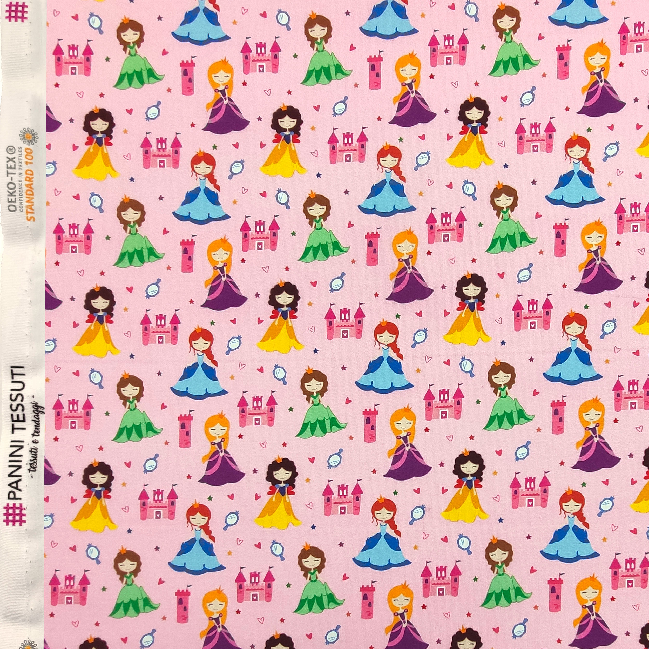 Tessuto Cotone Principesse Piccole Sfondo Rosa