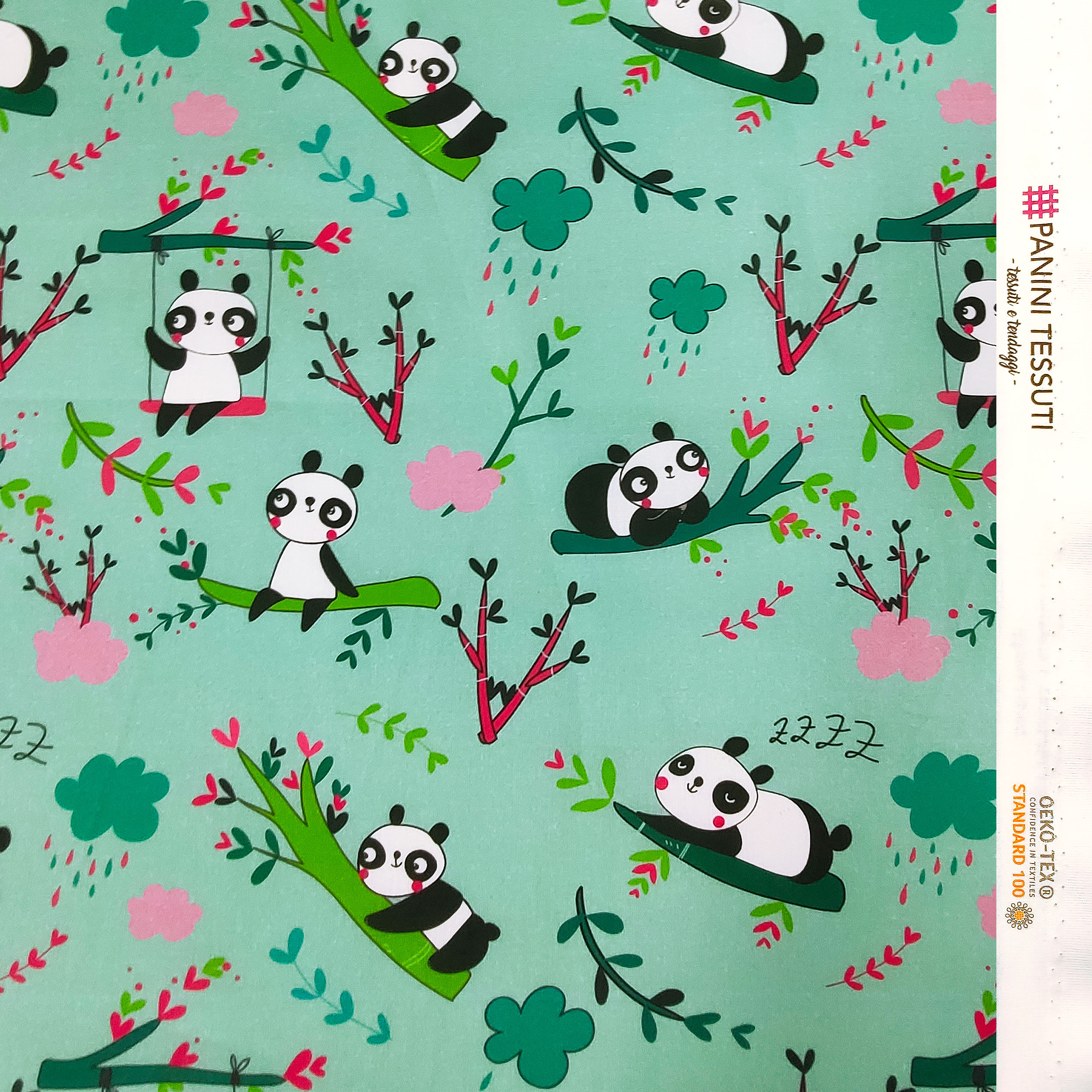 Cotone Panda Grandi Sfondo Verde Menta