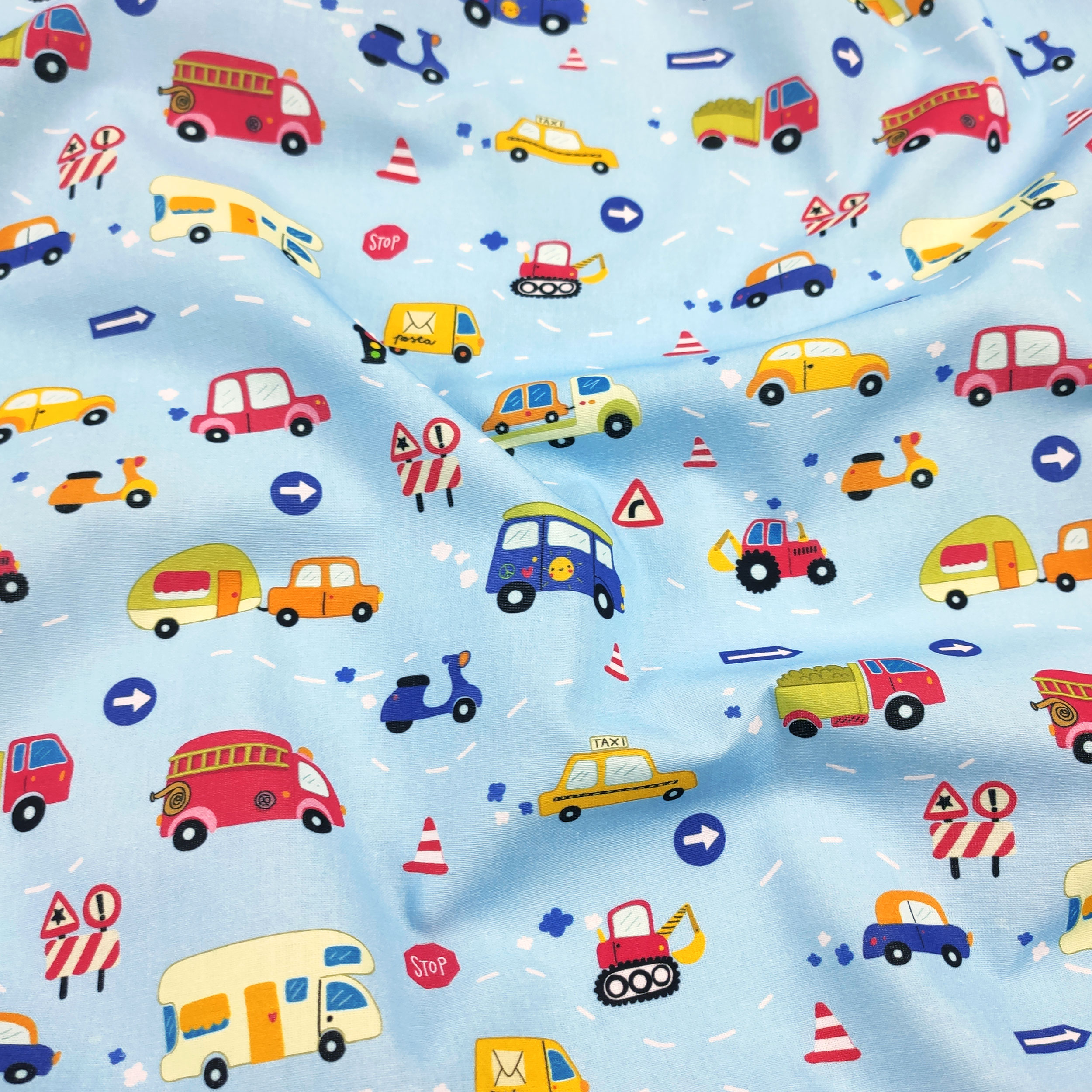 Cotone Macchinine Piccole Sfondo Azzurro