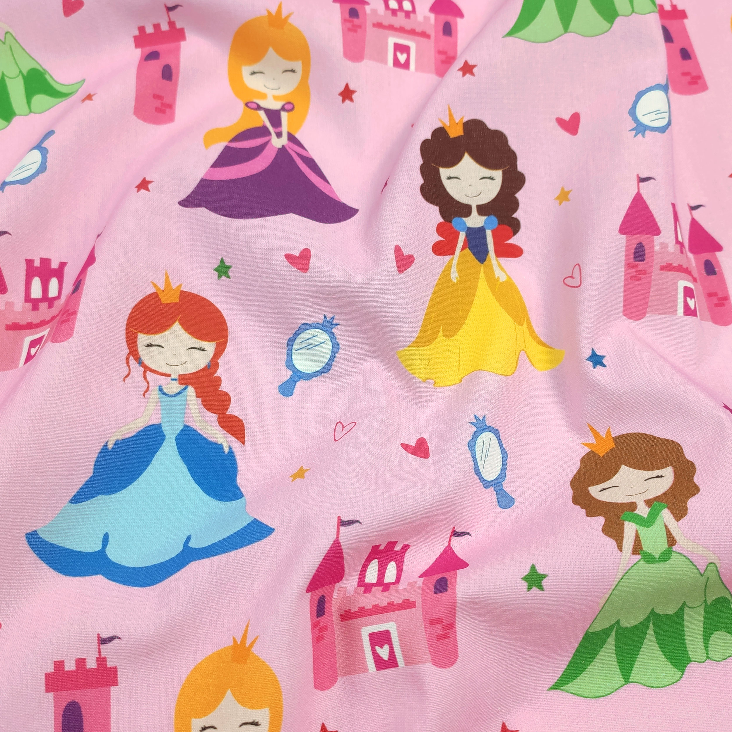 Tessuto Cotone Principesse Grandi Sfondo Rosa