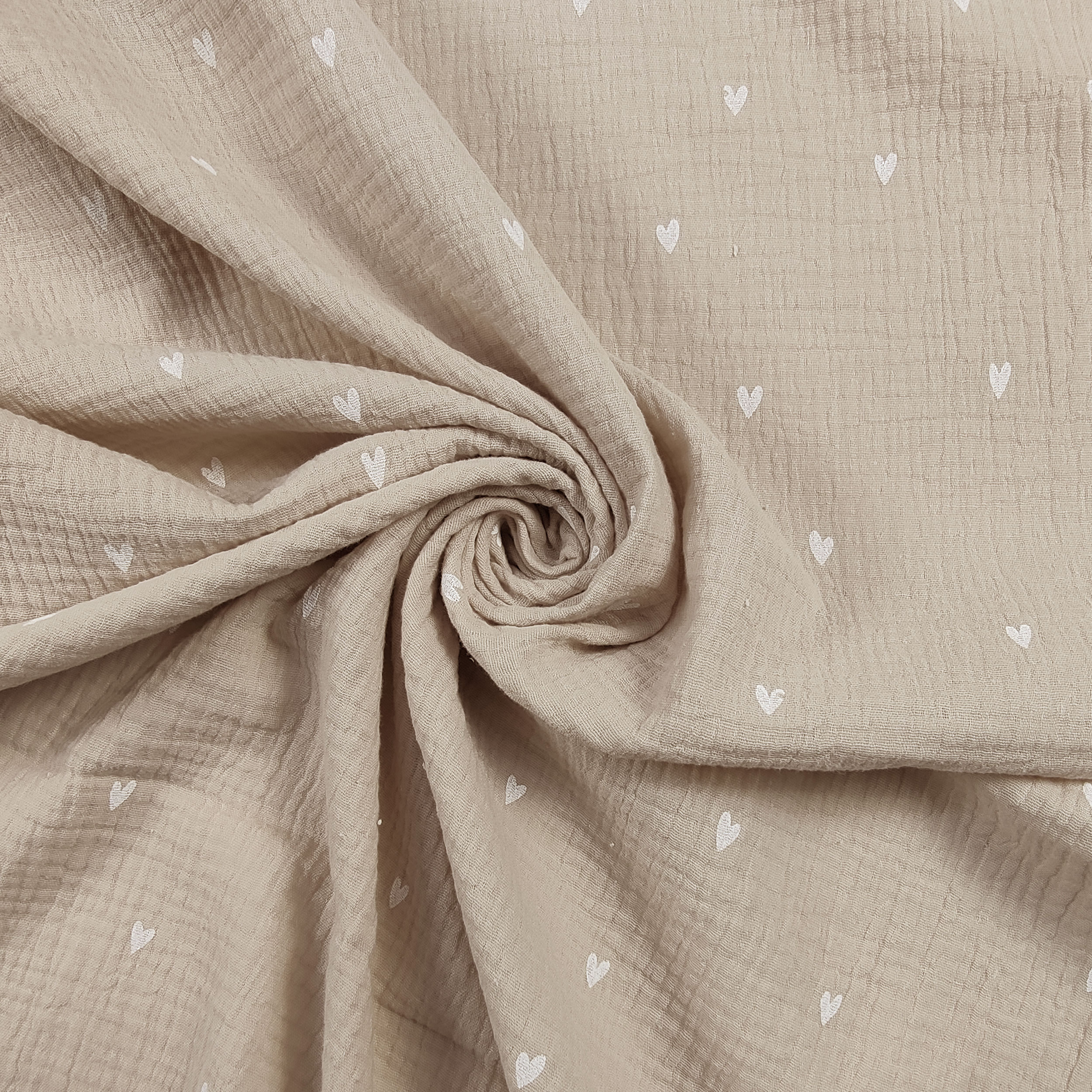 Mussola Cotone Beige Cuoricini Bianchi Image
