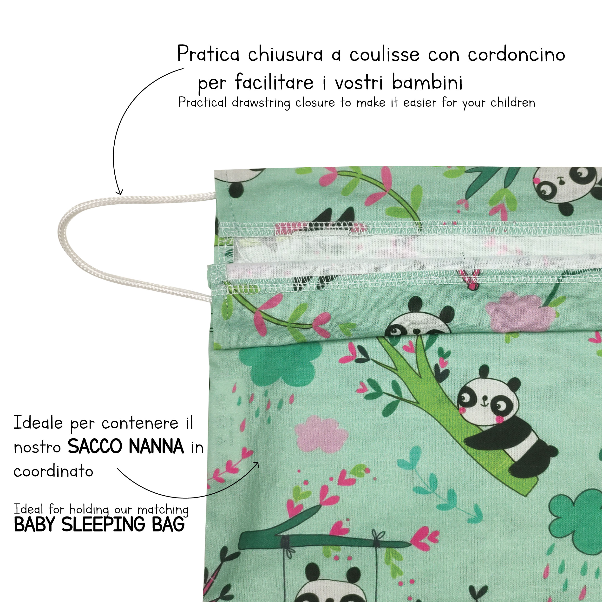 Sacchetto Asilo con Panda Sfondo Verde Menta