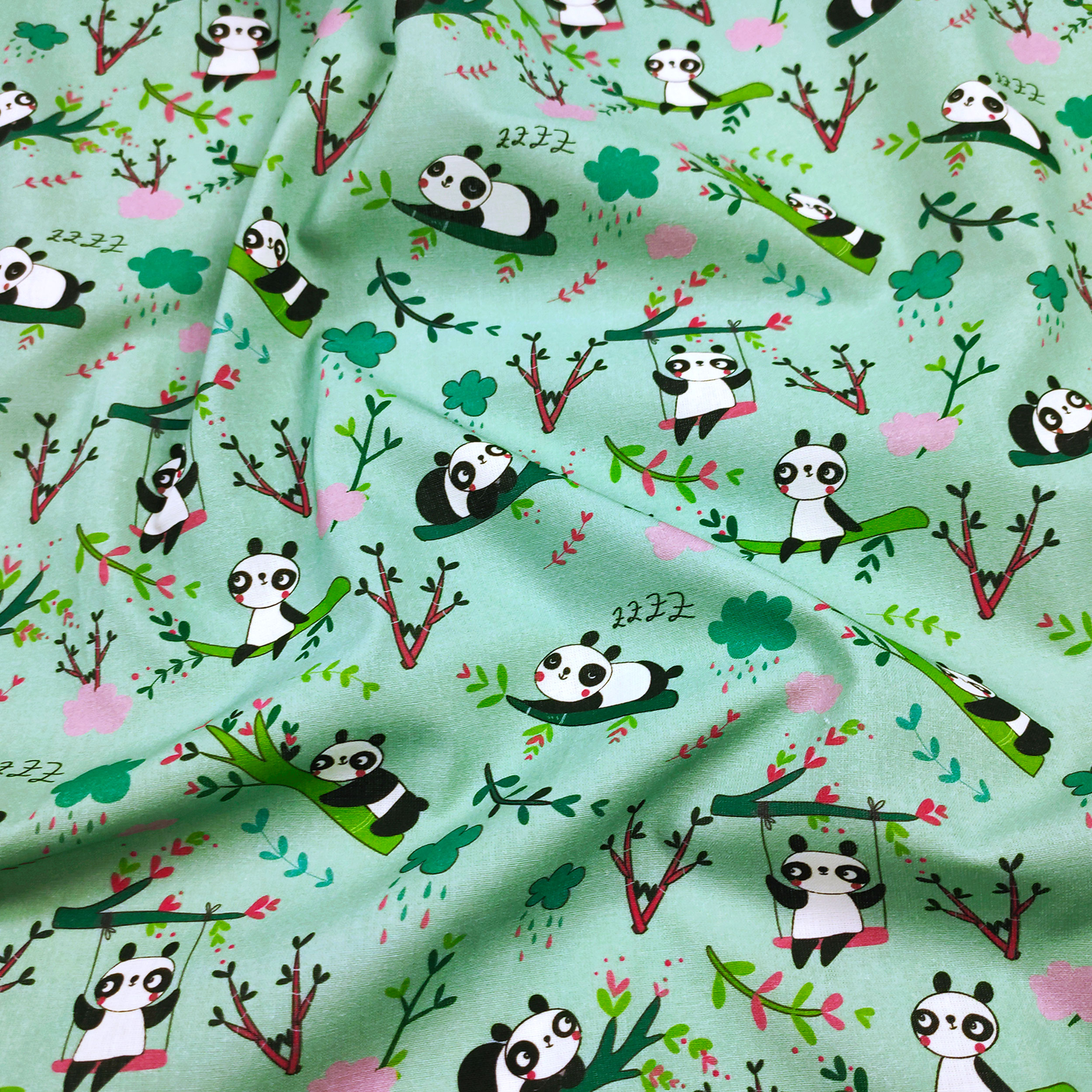 Cotone Panda Piccoli Sfondo Verde Menta