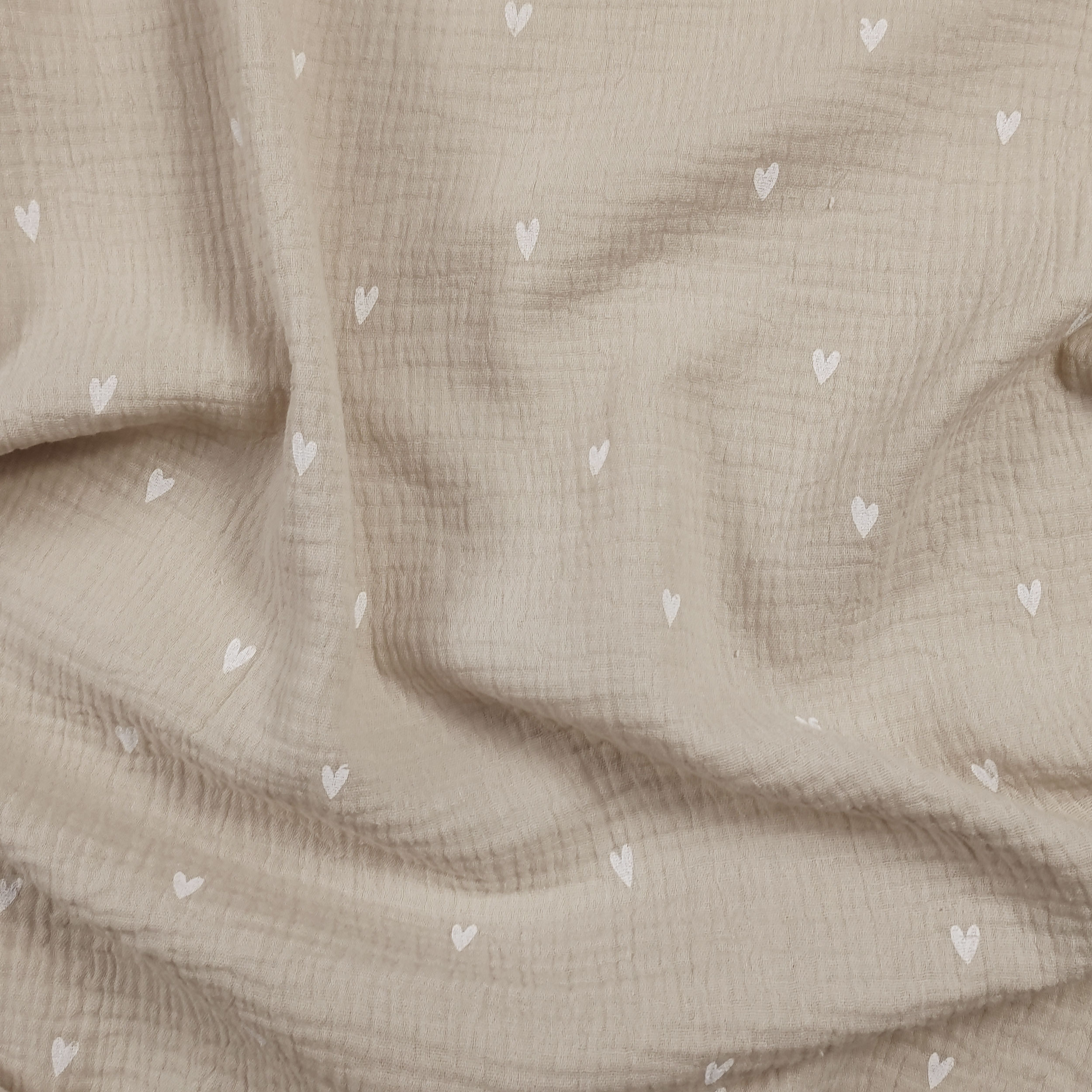 Mussola Cotone Beige Cuoricini Bianchi Image