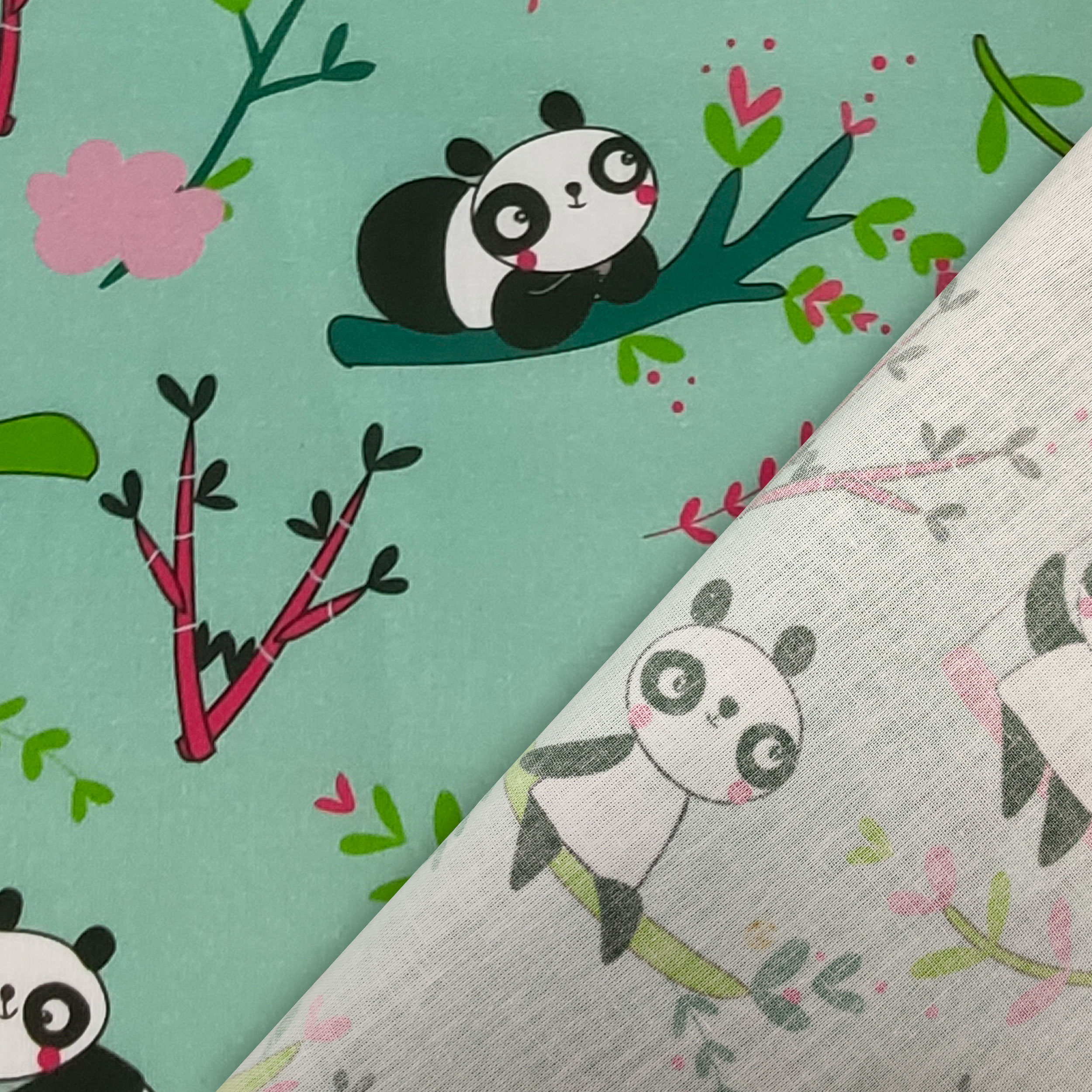Cotone Panda Grandi Sfondo Verde Menta