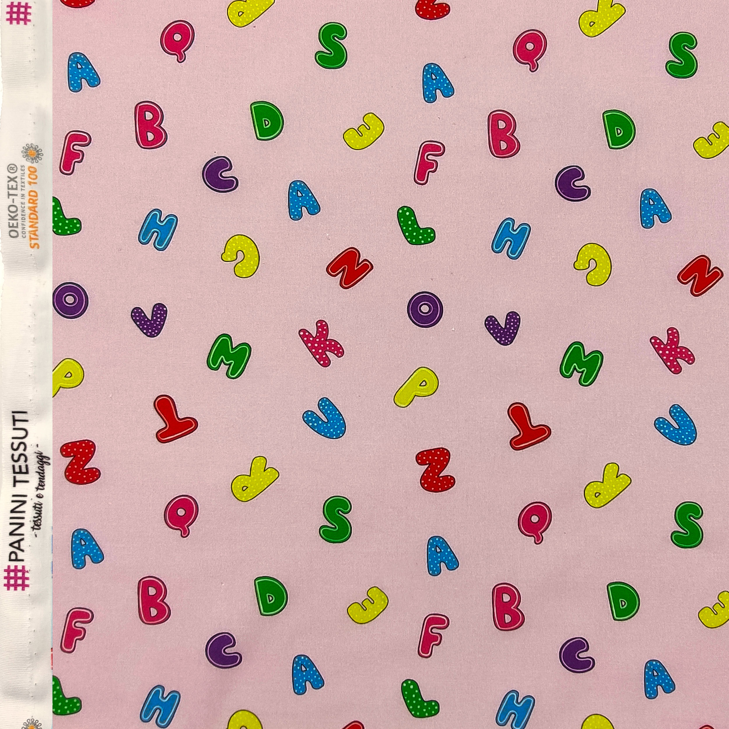 Tessuto Cotone Alfabeto Sfondo Rosa