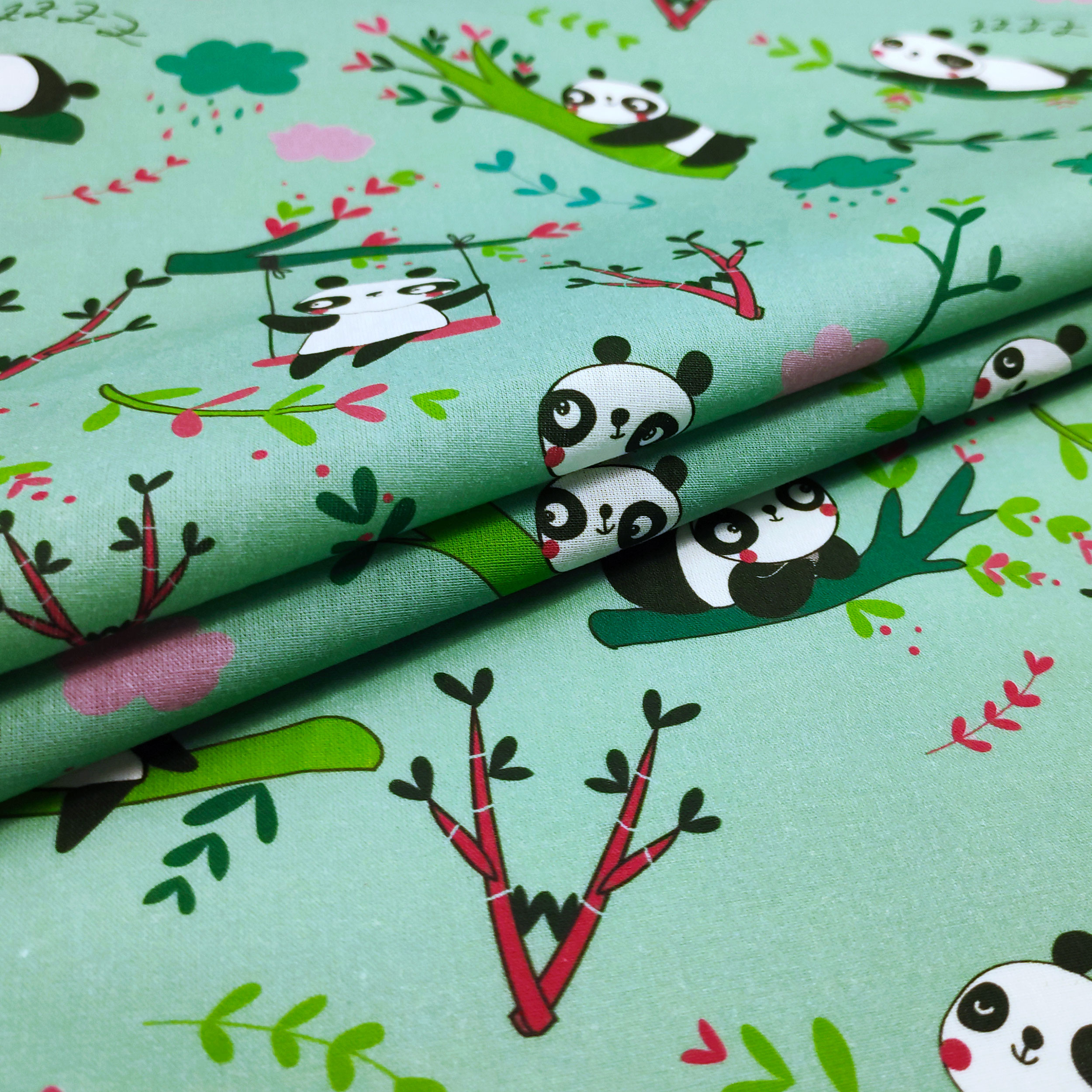 Cotone Panda Grandi Sfondo Verde Menta